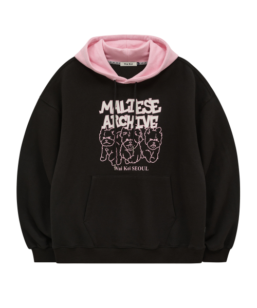 マルチーズアーカイブライングラフィックツートンフードTシャツブラック
