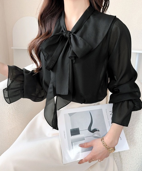 mily bilet(ミウィビレット)の「【mily bilet】きらめく、大人可愛さ。シャイニーシアーオーガンジーボウタイリボンブラウス(長袖)(シャツ/ブラウス・レディース・グレー/ブラック/アイボリー・LARGE/X-LARGE/SMALL/MEDIUM)」の7枚目の写真