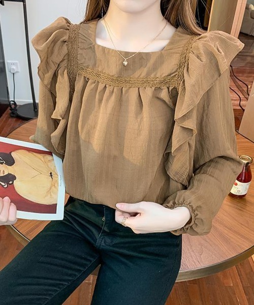 SallyLunn(サリーラン)の「スクエアネックフリルブラウス(シャツ/ブラウス・レディース・ホワイト/ブラウン・MEDIUM/LARGE)」の7枚目の写真