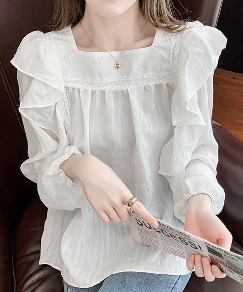 SallyLunn(サリーラン)の「スクエアネックフリルブラウス(シャツ/ブラウス・レディース・ホワイト/ブラウン・MEDIUM/LARGE)」の12枚目の写真