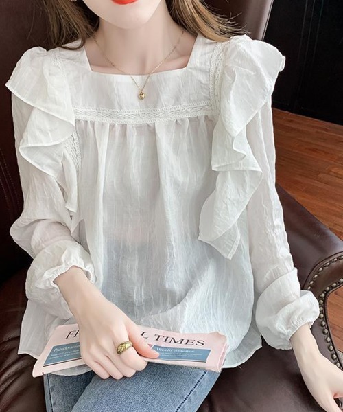 SallyLunn(サリーラン)の「スクエアネックフリルブラウス(シャツ/ブラウス・レディース・ホワイト/ブラウン・MEDIUM/LARGE)」の11枚目の写真