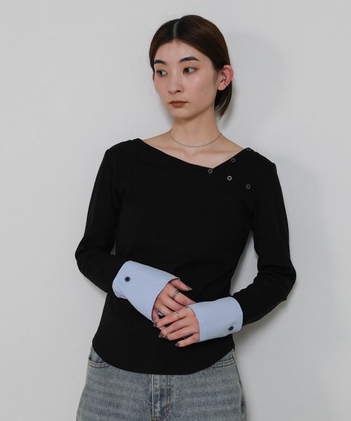 select MOCA（セレクトモカ）の「アシンメトリーシャツカフスデザイントップス（Tシャツ/カットソー・レディース・ホワイト/ブラック/グレー・FREE）」の3枚目の写真