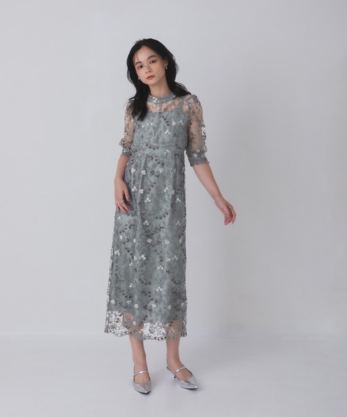 Rose of Sharon（ローズオブシャロン）の「花柄シアードレス（ドレス・レディース・ボルドー/ライトカーキ/オレンジ/ダークブルー/ダークグリーン/スモークピンク・M/LL/L）」の3枚目の写真