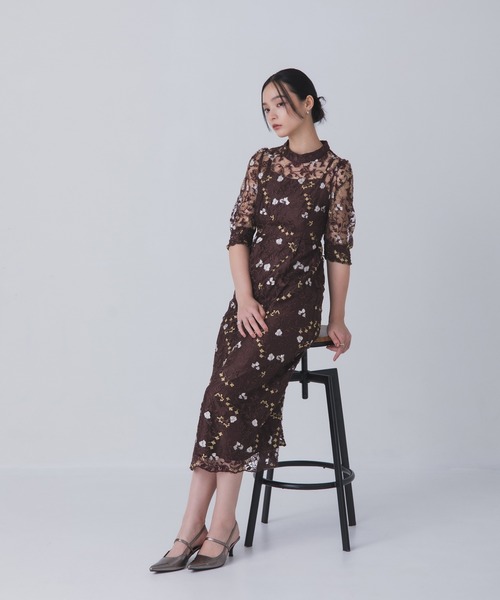 Rose of Sharon（ローズオブシャロン）の「花柄シアードレス（ドレス・レディース・ボルドー/ライトカーキ/オレンジ/ダークブルー/ダークグリーン/スモークピンク・M/LL/L）」の6枚目の写真