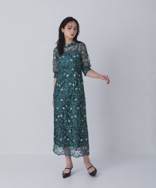 Rose of Sharon（ローズオブシャロン）の「花柄シアードレス（ドレス・レディース・ボルドー/ライトカーキ/オレンジ/ダークブルー/ダークグリーン/スモークピンク・M/LL/L）」の2枚目の写真
