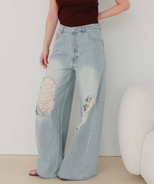 titivate(ティティベイト)の「レース付きダメージワイドパンツ(デニムパンツ・レディース・ブラック/ライトブルー・S/M)」の14枚目の写真