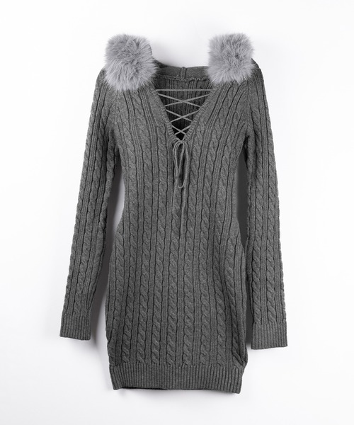 me+em select(ミームセレクト)の「【 2color 】ファーフーディレースアップレディニットミニワンピース / fur hoodie lace up lady knit mini onepiece(ワンピース・レディース・ブラック/グレー・FREE)」の17枚目の写真
