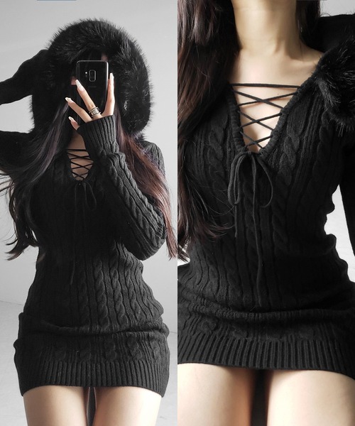 me+em select(ミームセレクト)の「【 2color 】ファーフーディレースアップレディニットミニワンピース / fur hoodie lace up lady knit mini onepiece(ワンピース・レディース・ブラック/グレー・FREE)」の3枚目の写真