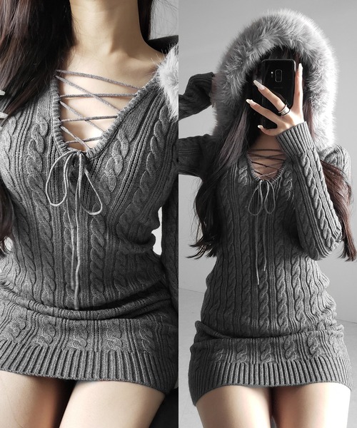 me+em select(ミームセレクト)の「【 2color 】ファーフーディレースアップレディニットミニワンピース / fur hoodie lace up lady knit mini onepiece(ワンピース・レディース・ブラック/グレー・FREE)」の4枚目の写真