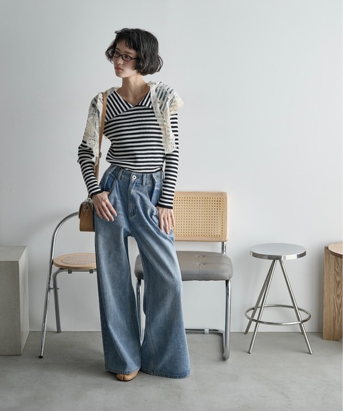 THE YOn（ザヨン）の「ウエストタックワイドパンツ　デニム/ツイル（デニムパンツ・レディース・セージグリーン/ブラック/ライトブルー/グレイッシュベージュ・S/M/XS）」の15枚目の写真