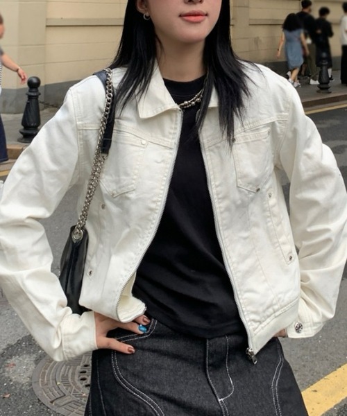おしゃれスタ(オシャレスタ)の「デニムライク ジップアップジャケット(その他アウター・レディース・ホワイト/ネイビー・S/M/L/XL)」の6枚目の写真