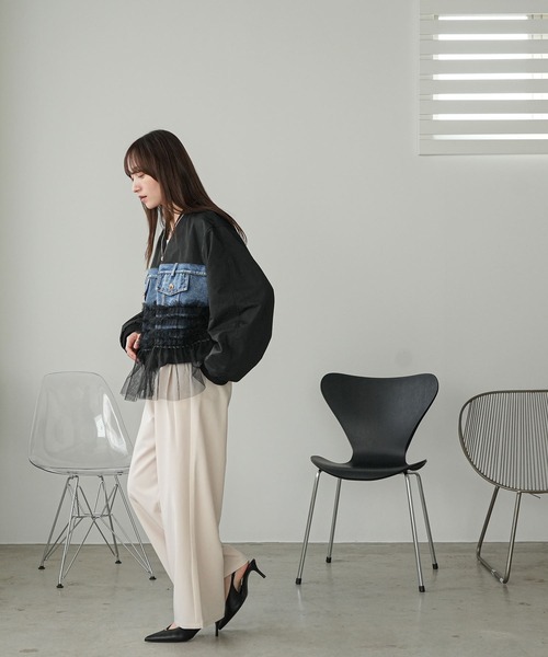 mili an deni（ミリアンデニ）の「デニム使い裾チュールMA-1（MA-1・レディース・カーキ/ブラック・M）」の7枚目の写真