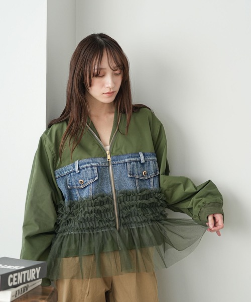 mili an deni（ミリアンデニ）の「デニム使い裾チュールMA-1（MA-1・レディース・カーキ/ブラック・M）」の9枚目の写真