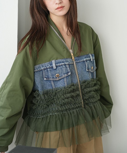 mili an deni（ミリアンデニ）の「デニム使い裾チュールMA-1（MA-1・レディース・カーキ/ブラック・M）」の10枚目の写真