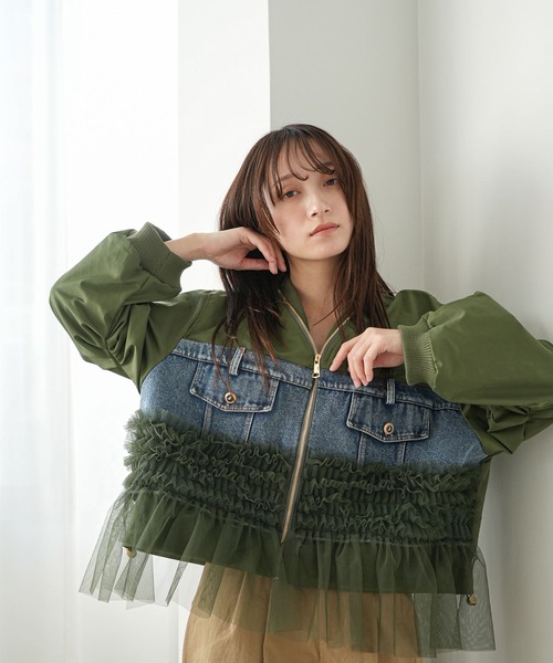 mili an deni（ミリアンデニ）の「デニム使い裾チュールMA-1（MA-1・レディース・カーキ/ブラック・M）」の12枚目の写真