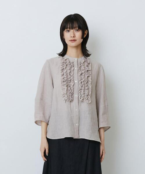 LOISIR（ロワズィール）の「【2月お気に入り登録ブランド内2位】グランジリネンフリルディテールブラウス（シャツ/ブラウス・レディース・ネイビー/ライトグレー/ピンク/オフホワイト/カーキ・FREE）」の9枚目の写真