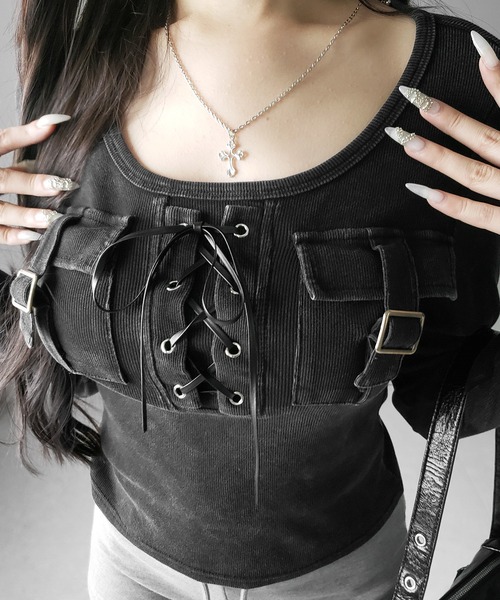 me+em select(ミームセレクト)の「【 2color 】ヴィンテージレースアップアウトポケットスクエアリブロンT / vintage laceup outpocket square lib long slleve T-shirts(Tシャツ/カットソー・レディース・ブラック/ライトグレー・FREE)」の22枚目の写真