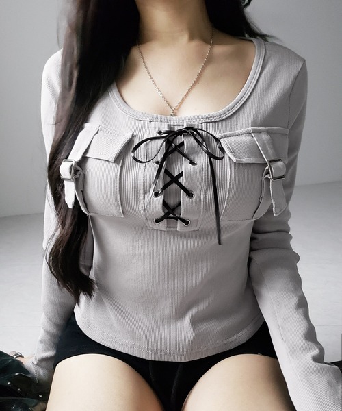 me+em select(ミームセレクト)の「【 2color 】ヴィンテージレースアップアウトポケットスクエアリブロンT / vintage laceup outpocket square lib long slleve T-shirts(Tシャツ/カットソー・レディース・ブラック/ライトグレー・FREE)」の9枚目の写真