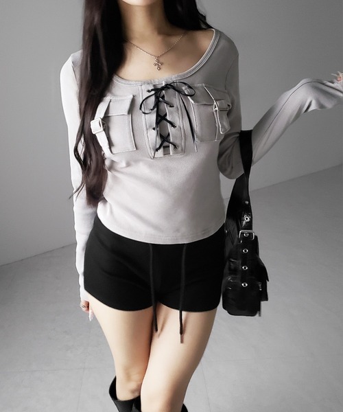 me+em select(ミームセレクト)の「【 2color 】ヴィンテージレースアップアウトポケットスクエアリブロンT / vintage laceup outpocket square lib long slleve T-shirts(Tシャツ/カットソー・レディース・ブラック/ライトグレー・FREE)」の15枚目の写真