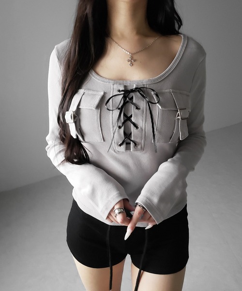 me+em select(ミームセレクト)の「【 2color 】ヴィンテージレースアップアウトポケットスクエアリブロンT / vintage laceup outpocket square lib long slleve T-shirts(Tシャツ/カットソー・レディース・ブラック/ライトグレー・FREE)」の17枚目の写真
