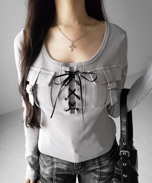 me+em select(ミームセレクト)の「【 2color 】ヴィンテージレースアップアウトポケットスクエアリブロンT / vintage laceup outpocket square lib long slleve T-shirts(Tシャツ/カットソー・レディース・ブラック/ライトグレー・FREE)」の20枚目の写真