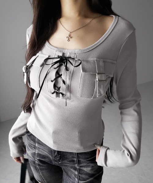 me+em select(ミームセレクト)の「【 2color 】ヴィンテージレースアップアウトポケットスクエアリブロンT / vintage laceup outpocket square lib long slleve T-shirts(Tシャツ/カットソー・レディース・ブラック/ライトグレー・FREE)」の18枚目の写真