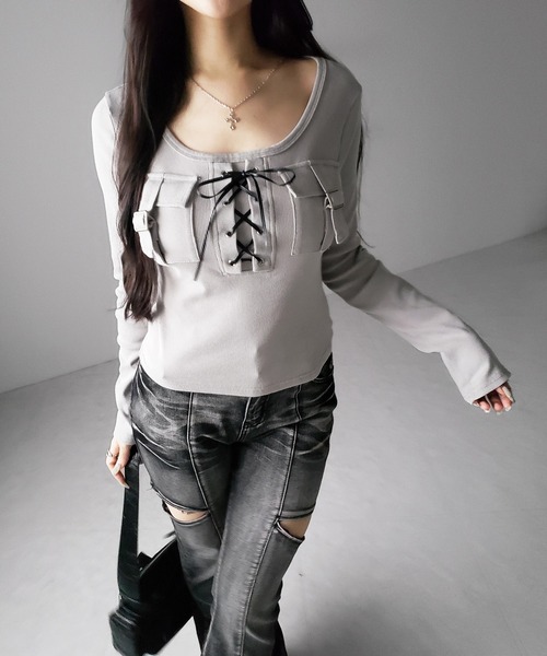 me+em select(ミームセレクト)の「【 2color 】ヴィンテージレースアップアウトポケットスクエアリブロンT / vintage laceup outpocket square lib long slleve T-shirts(Tシャツ/カットソー・レディース・ブラック/ライトグレー・FREE)」の21枚目の写真