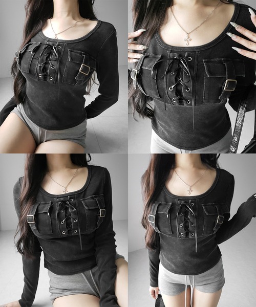 me+em select(ミームセレクト)の「【 2color 】ヴィンテージレースアップアウトポケットスクエアリブロンT / vintage laceup outpocket square lib long slleve T-shirts(Tシャツ/カットソー・レディース・ブラック/ライトグレー・FREE)」の4枚目の写真