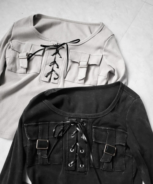me+em select(ミームセレクト)の「【 2color 】ヴィンテージレースアップアウトポケットスクエアリブロンT / vintage laceup outpocket square lib long slleve T-shirts(Tシャツ/カットソー・レディース・ブラック/ライトグレー・FREE)」の5枚目の写真