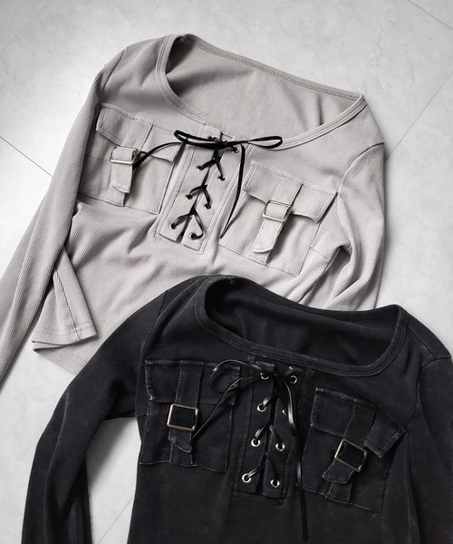 me+em select(ミームセレクト)の「【 2color 】ヴィンテージレースアップアウトポケットスクエアリブロンT / vintage laceup outpocket square lib long slleve T-shirts(Tシャツ/カットソー・レディース・ブラック/ライトグレー・FREE)」の6枚目の写真