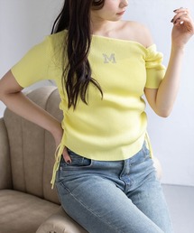 clear | ワンポイントラインストーンドロストワンショルニットトップス［骨格ウェーブ/Y2K］(ニット/セーター)