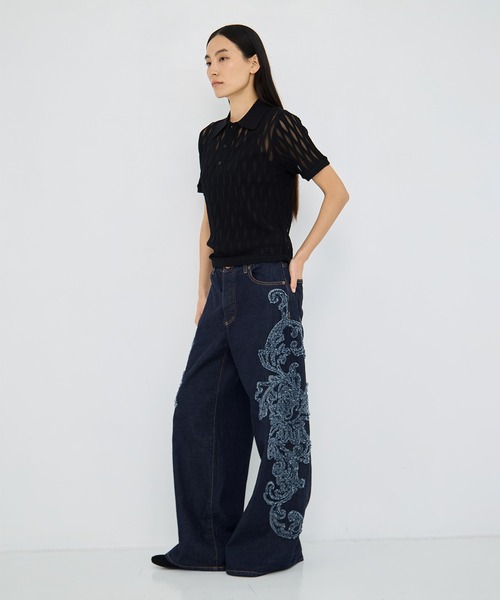 TAAKK(ターク)の「【TAAKK/ターク】Denim Pants(刺繍)/デニムワイドパンツ(デニムパンツ・レディース・インディゴブルー/マルチ・1/2)」の4枚目の写真