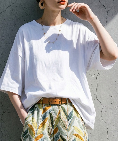 antiqua(アンティカ)の「綿100 五分袖 汗染み Tシャツ(Tシャツ/カットソー・レディース・ブラック/ブラウン系その他/ピンク系その他/杢グレー/ホワイト/ダークグレー/ネイビー/ブルー系その他・M/L/XL)」の2枚目の写真