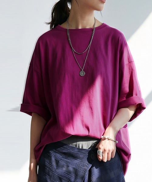antiqua(アンティカ)の「綿100 五分袖 汗染み Tシャツ(Tシャツ/カットソー・レディース・ブラック/ブラウン系その他/ピンク系その他/杢グレー/ホワイト/ダークグレー/ネイビー/ブルー系その他/レッド/カーキ/ピンク系その他2/ブルー/ピンク/ライム/グレイッシュベージュ/パープル・M/L/XL)」の13枚目の写真