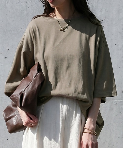 antiqua(アンティカ)の「綿100 五分袖 汗染み Tシャツ(Tシャツ/カットソー・レディース・ブラック/ブラウン系その他/ピンク系その他/杢グレー/ホワイト/ダークグレー/ネイビー/ブルー系その他/レッド/カーキ/ピンク系その他2/ブルー/ピンク/ライム/グレイッシュベージュ/パープル・M/L/XL)」の6枚目の写真