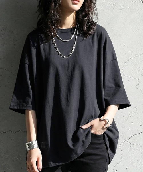 antiqua(アンティカ)の「綿100 五分袖 汗染み Tシャツ(Tシャツ/カットソー・レディース・ブラック/ブラウン系その他/ピンク系その他/杢グレー/ホワイト/ダークグレー/ネイビー/ブルー系その他・M/L/XL)」の1枚目の写真