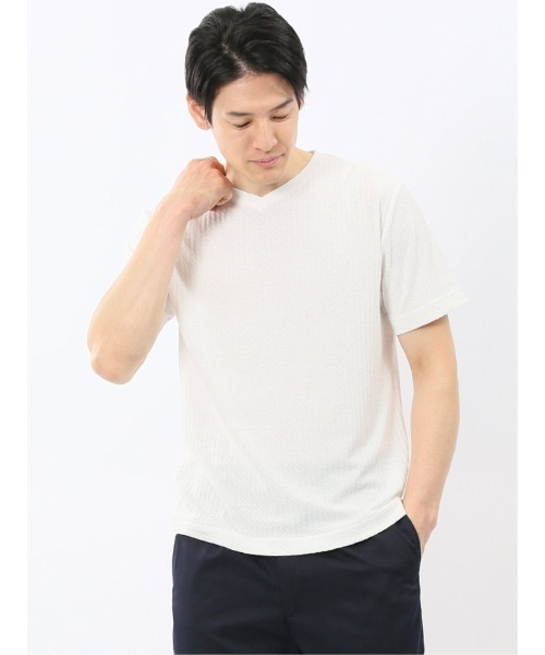 TAKA-Q(タカキュー)の「【綿混】タカキュー 市松 ジャガード Vネック 半袖 Tシャツ(Tシャツ/カットソー・メンズ・グレー系その他2/ホワイト・MEDIUM/LARGE/X-LARGE)」の1枚目の写真