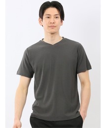 【綿混】タカキュー 市松 ジャガード Vネック 半袖 Tシャツ