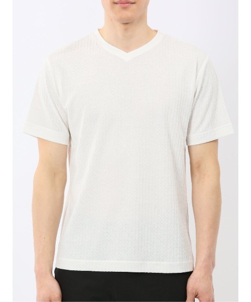 TAKA-Q(タカキュー)の「【綿混】タカキュー 市松 ジャガード Vネック 半袖 Tシャツ(Tシャツ/カットソー・メンズ・グレー系その他2/ホワイト・MEDIUM/LARGE/X-LARGE)」の6枚目の写真