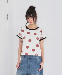 レッドビッグロゴドットフルプリントリンガー半袖Tシャツアイボリー
