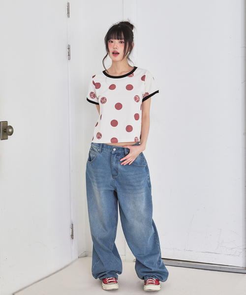 ESCAPEFROM（エスケープフロム）の「レッドビッグロゴドットフルプリントリンガー半袖Tシャツアイボリー（Tシャツ/カットソー・レディース・その他・MEDIUM）」の10枚目の写真