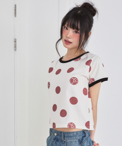 ESCAPEFROM（エスケープフロム）の「レッドビッグロゴドットフルプリントリンガー半袖Tシャツアイボリー（Tシャツ/カットソー・レディース・その他・MEDIUM）」の4枚目の写真