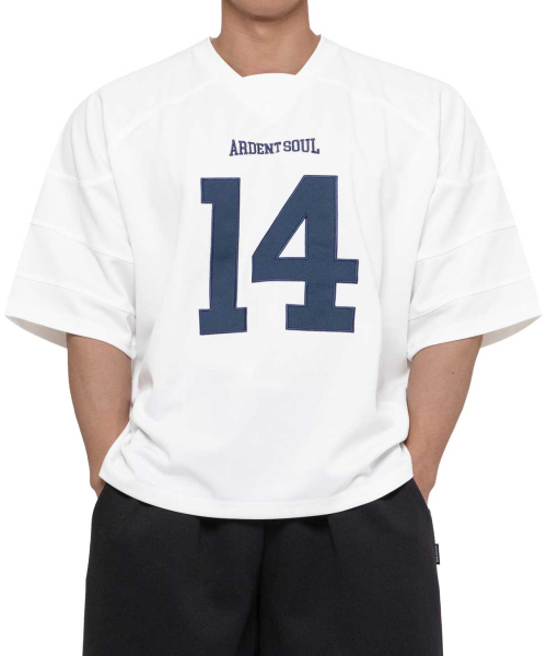ARDENTSOUL(アーデントソウル)の「オーバーサイズフットボールジャージ 2カラー(Tシャツ/カットソー・メンズ・ホワイト/ネイビー・MEDIUM/X-LARGE/XX-LARGE)」の3枚目の写真