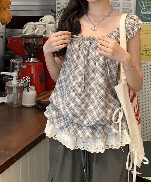 leune(ルネ)の「裾レースノースリーブチェックブラウス(シャツ/ブラウス・レディース・グレー・FREE)」の3枚目の写真