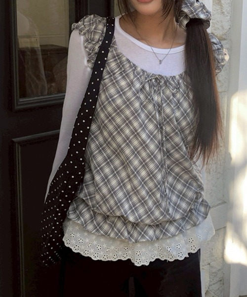 leune(ルネ)の「裾レースノースリーブチェックブラウス(シャツ/ブラウス・レディース・グレー・FREE)」の14枚目の写真
