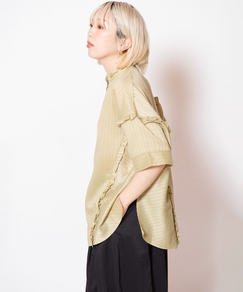OSMOSIS(オズモーシス)の「シアーストライプフリルブラウス(シャツ/ブラウス・レディース・ブラック/ライトグリーン/ホワイト・ONE SIZE)」の16枚目の写真