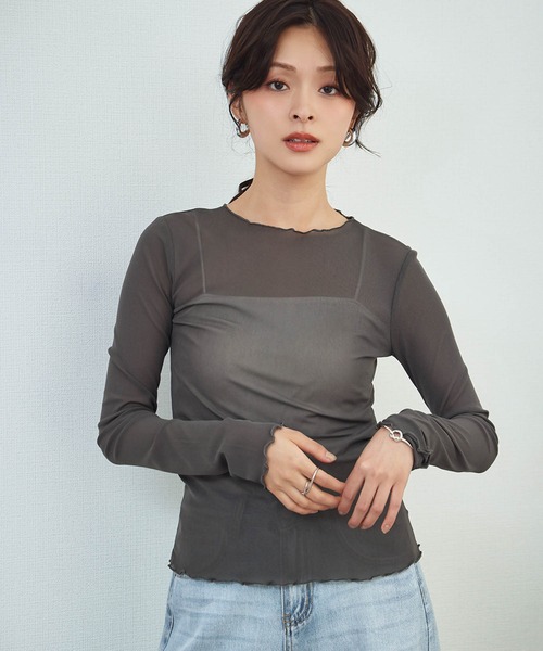 LOWO（ロワ）の「シアートップス 長袖 メロウ シースルートップス レイヤードトップス オケージョン 結婚式 パーティー お呼ばれ《着用動画あり》（Tシャツ/カットソー・レディース・ブラック/ブラウン/ブルー/アイボリー/ホワイト/グレー・FREE）」の5枚目の写真