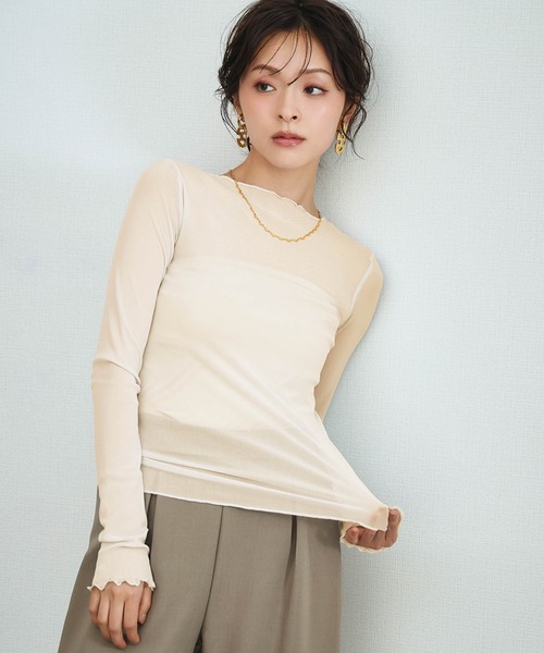 LOWO（ロワ）の「シアートップス 長袖 メロウ シースルートップス レイヤードトップス オケージョン 結婚式 パーティー お呼ばれ《着用動画あり》（Tシャツ/カットソー・レディース・ブラック/ブラウン/ブルー/アイボリー/ホワイト/グレー・FREE）」の3枚目の写真