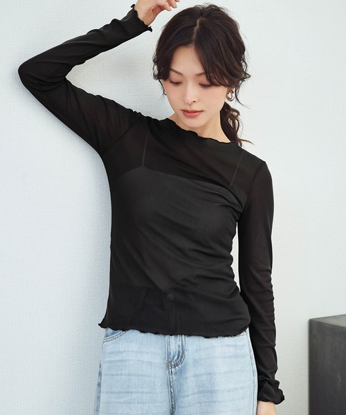 LOWO（ロワ）の「シアートップス 長袖 メロウ シースルートップス レイヤードトップス オケージョン 結婚式 パーティー お呼ばれ《着用動画あり》（Tシャツ/カットソー・レディース・ブラック/ブラウン/ブルー/アイボリー/ホワイト/グレー・FREE）」の4枚目の写真