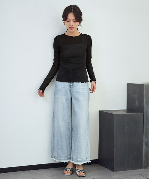 LOWO（ロワ）の「シアートップス 長袖 メロウ シースルートップス レイヤードトップス オケージョン 結婚式 パーティー お呼ばれ《着用動画あり》（Tシャツ/カットソー・レディース・ブラック/ブラウン/ブルー/アイボリー/ホワイト/グレー・FREE）」の11枚目の写真